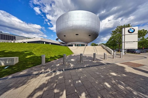 Car museum, BMW museum, commercial building, modern architecture, barrier bollard, concrete