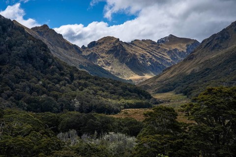 Mountainous landscape along Borland Road, Fiordland National Park, Southland Region, South Island,