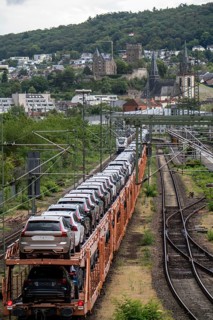 Upper Middle Rhine Valley, goods train, car transporter at Bingen station, waiting for permission