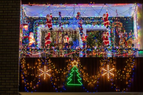 Christmassy decorated balcony, Gällivare, Norrbotten, Lapland, Sweden, December 2022