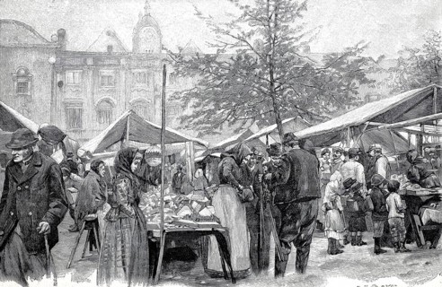 Church market in Lower Austria, 1890, market scene with many people, Austria, illustration,