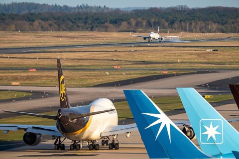 Cologne-Bonn airport, CGN, UPS Boeing 747-8F, cargo plane after landing, on the taxiway to the air