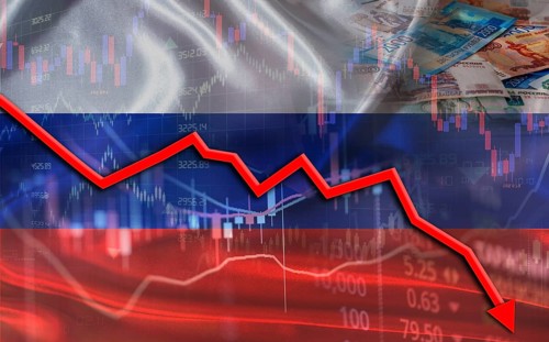 Russia financial fall on economy market. Russian financial crisis on economic graph
