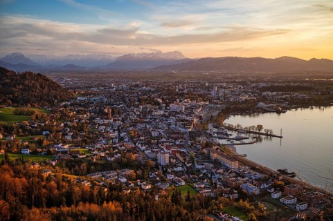 View from above of harbor, lake stage, Bregenz, Vorarlberg, Lake Constance, alpine panorama in the