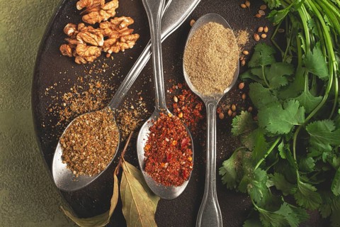 Georgian spices in spoons, on ketsi, top view, no people