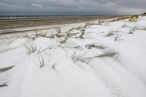 Snow-covered dunes on the North Sea, Langeoog, Lower Saxony, Germany
