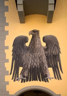 Facade painting, eagle on house wall, old town, Wangen im Allgäu, Bavaria, Germany