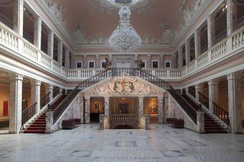 Classicist magnificent marble hall of the Henkell sparkling wine cellar, chandelier, interior view,