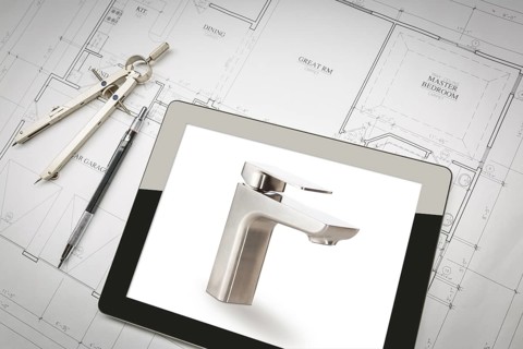 Computer Tablet Showing Custom Faucet On House Plans, Pencil, Compass