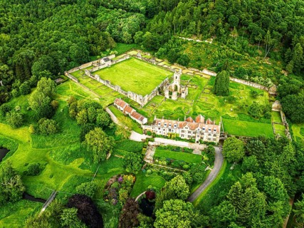 Mount Grace Priory, House and Gardens from a drone, East Harlsey, North Yorkshire, England, United