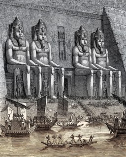 Ancient Egyptian ships, Abu Simbel temple, drawing from the 19th century
