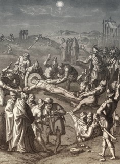 Crucifixion of Jesus, Mount Calvary, Jerusalem, New Testament, steel engraving 1853, digitally