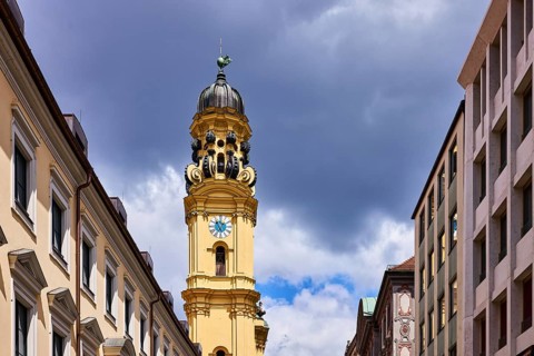 Church tower of the Theatine Church, St. Kayetan and Adelaide, church spire, church tower clock,