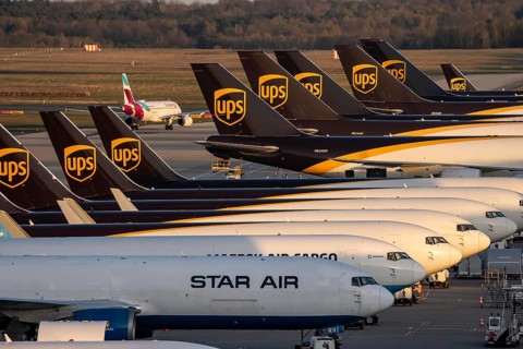 Cologne-Bonn airport, CGN, air freight center, UPS Logisic Hub, UPS cargo aircraft on the apron,
