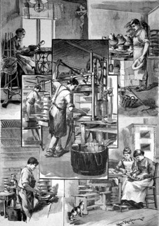Tableau about the production of straw hats in Lindenberg, sewing machine and drawing form, press,