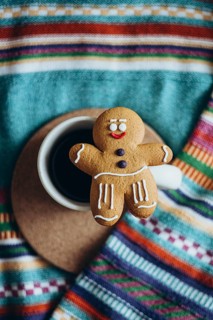 Charming gingerbread man cookie rests on a coffee cup, set against a vibrant, striped fabric