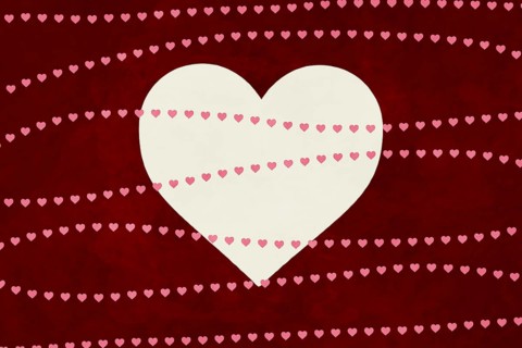 A large white heart adorned with rows of mini pink hearts set against a deep red textured