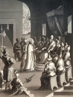 The Sanhedrin trial of Jesus, New Testament, steel engraving 1853, digitally restored