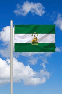 National flag of Andalusia, in front of cumulus clouds and blue sky, studio