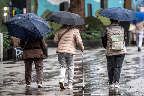 Passers-by in a pedestrian zone, Kettwiger Straße, seniors, rainy weather, city center, Essen,