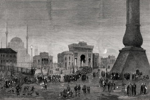 Illuminated Beyazit Square in honor of the constitution 23. december 1876, Constantinople, Ottoman