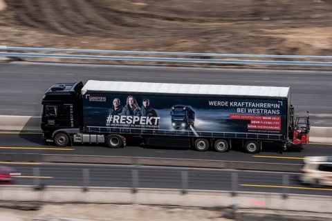Truck, truck on the A3 motorway near Duisburg, Westrans Spedition, advertising for people on the
