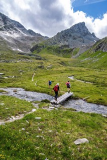 Hiker on hiking trail, stream with bridge, Lasörling Höhenweg, Lasörling Group, Hohe Tauern