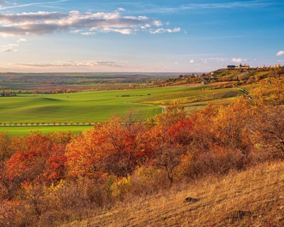 View over the Unstrut valley in autumn, on the right the historic airfield of Gleina, near Freyburg
