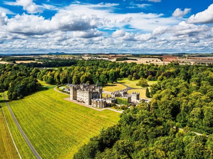 Floors Castle and garden from a drone, Duke of Roxburghe, Roxburghshire, Scotland, UK