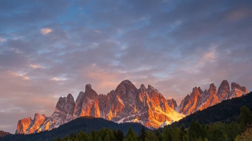 View of the Geissler group, intensely illuminated by the sun, evening light, Dolomites,