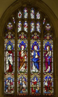 Stained glass window Virgin Mary, Annunciation angel, Saints Mary Magdalene and Elizabeth, church