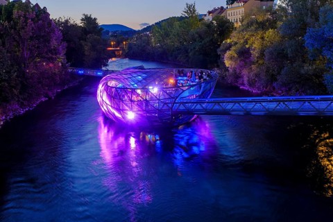 Murinsel, at dusk, architect Vito Acconci, river Mur, Graz, Styria, Austria