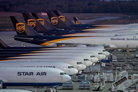 Cologne-Bonn airport, CGN, air freight center, UPS Logisic Hub, UPS cargo aircraft on the apron,