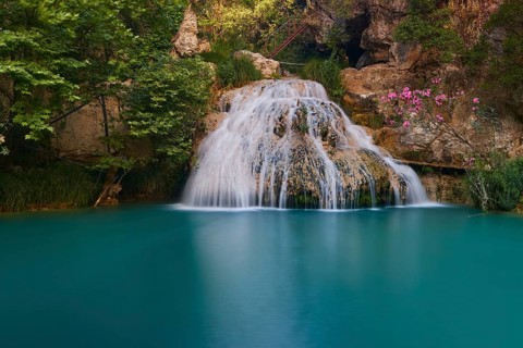 A small waterfall flows into a calm turquoise blue pool, surrounded by flowers and rocks,
