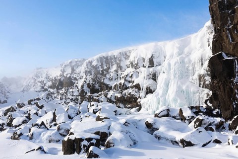 Öxarárfoss, frozen waterfall, lava rock, snow, frost, winter, Golden Circle, Iceland, Scandinavia