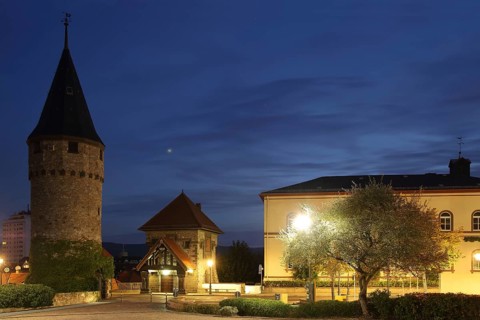 Castle Square with Witches' Tower and Bridgekeeper's House, night view, Blue Hour, Twilight, Bad