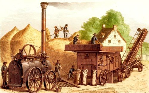 Historic illustration, 19th century, an agricultural threshing machine powered by a portable steam