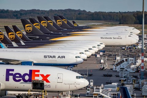 Cologne-Bonn airport, CGN, air freight center, UPS Logisic Hub, UPS cargo aircraft on the apron,