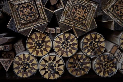 Damascus, Syria. December 10th 2025. Various types and designs of wood used in the craft of