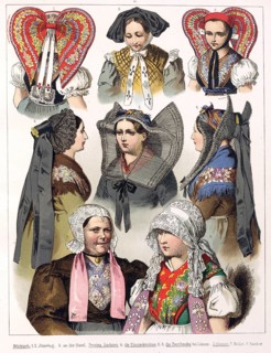 Traditional costumes in Germany around 1820, woman's headdresses, woman with traditional