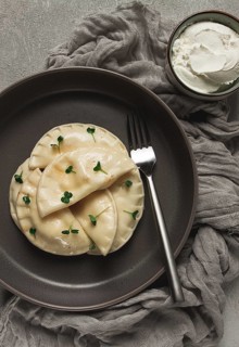 Pierogi, a traditional dish of Polish cuisine, dumplings, top view, close-up, no people