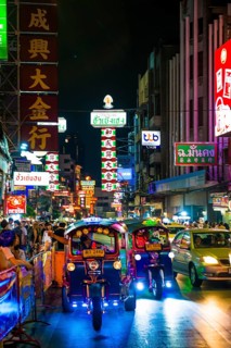 Shopping street with neon signs and street restaurants, nightlife, Yaowarat Road, Chinatown,