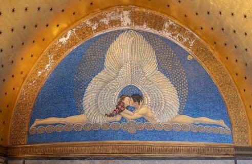 Mosaic painting The Kiss by Joseph Maria Olbrich, wedding tower, Mathildenhöhe Darmstadt, UNESCO