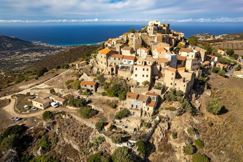 The village of Sant'Antonino in Balagne seen from the air, Corsica, France