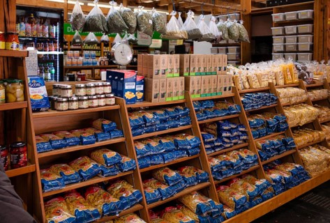 Interior view, display, Italian food, pasta, pesto, food stand, market hall, Stuttgart,