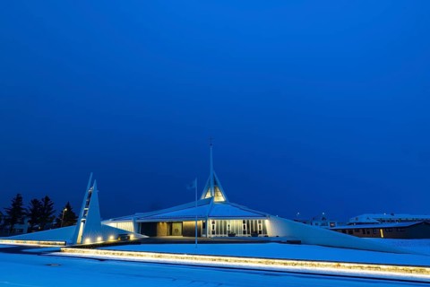 Ytri-Njarðvíkurkirkja, modern church, blue hour, snow, winter, Njarðvík, Iceland, Scandinavia