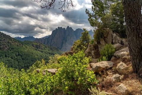Mountainous landscape in the Bavella massif near the Bavella Needles or Aiguilles de Bavella,