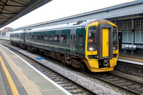 British Rail Class 158 Express Sprinter train diesel multiple 158767, Westbury railway station,