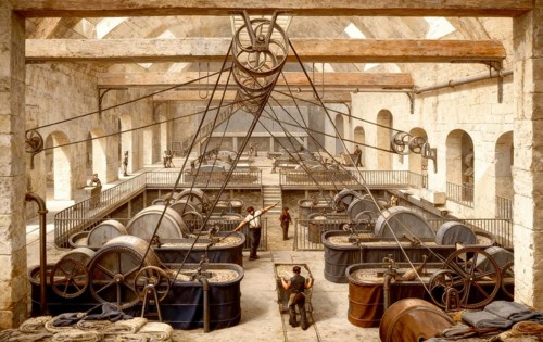 Papermaking, industrial manufacture of paper, refining and bleaching pile workshop, 19th century