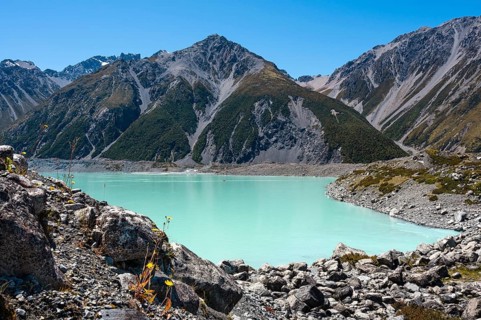 The turquoise Tasman Lake. Aoraki Mount Cook National Park, Canterbury, South Island, New Zealand